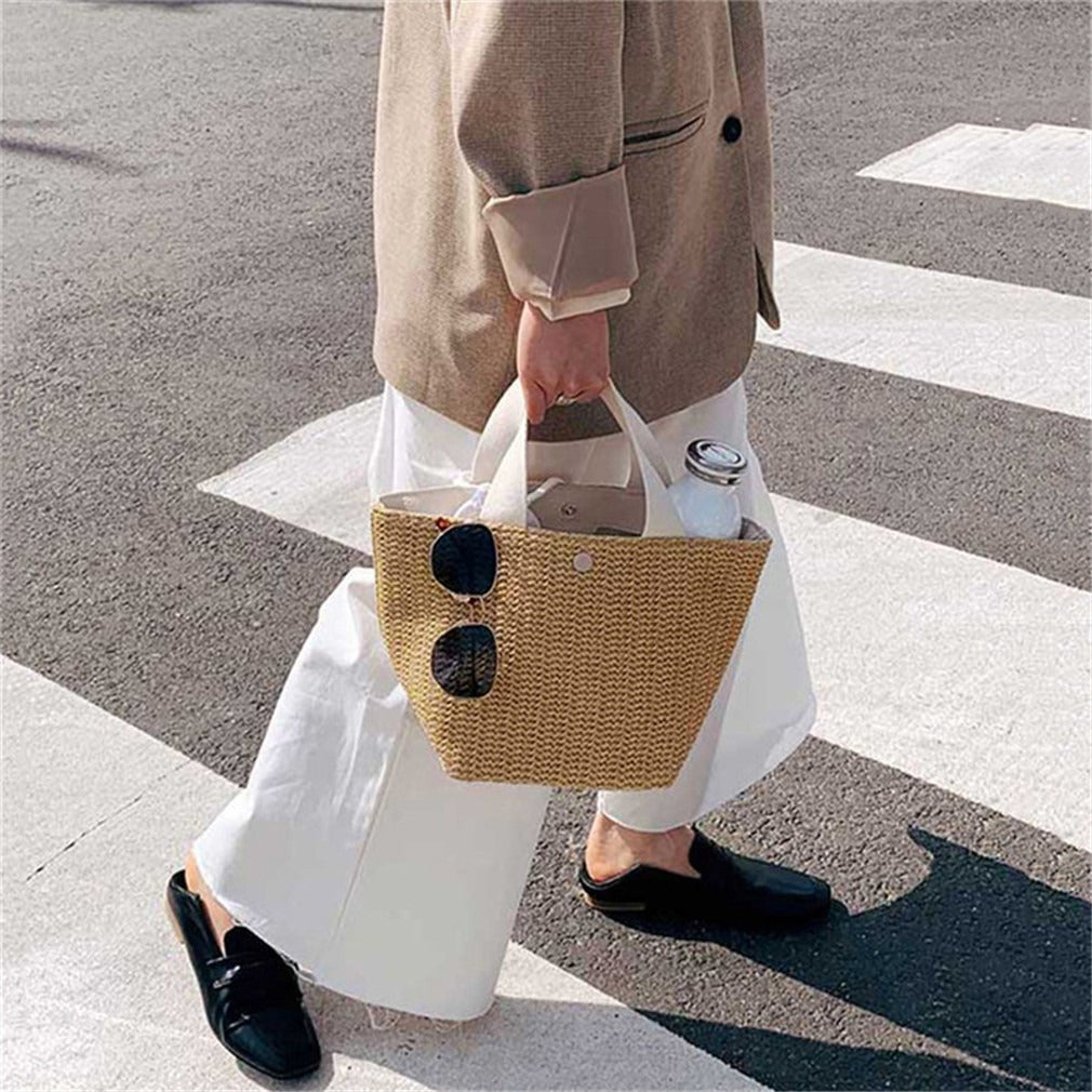 Free Size Sweet Temperament Design Straw Weave Fashion Simple Portable Bucket Bag Limorista