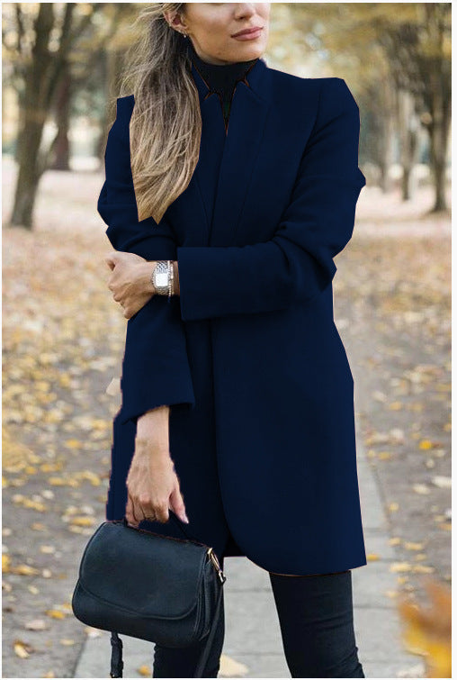 Fall Winter New Style European And American Fashion Solid Color Stand-Up Collar Woolen Jacket Limorista