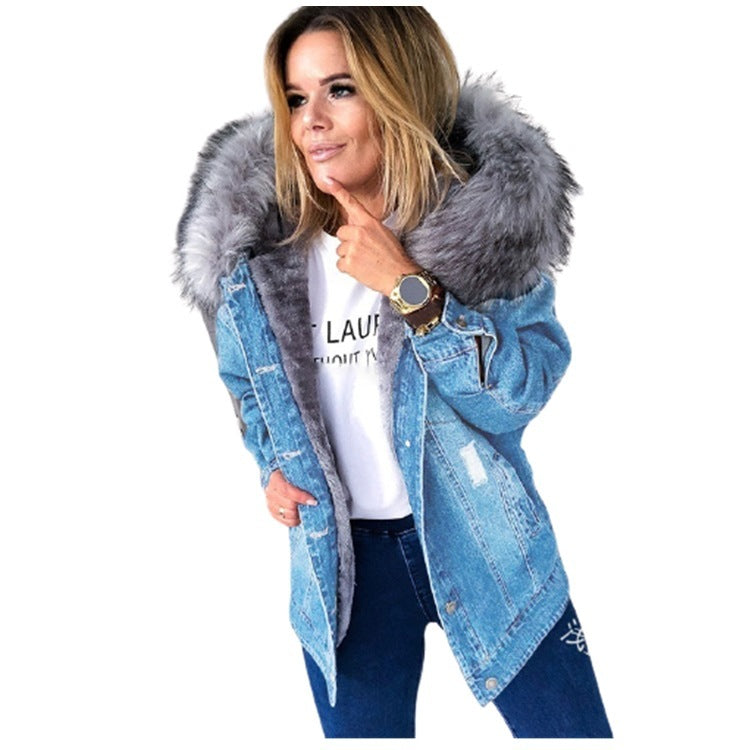 European And American Retro Big Fur Collar Denim Jacket Temperament Commuting To Keep Warm Mid-Length Broken Hole Distressed Coat Limorista