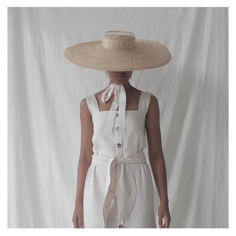 Simple And Fashionable Strappy Straw flat Top Straw Hat Sunshade Straw Straw Hat Limorista