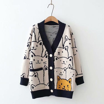 Sweet Outer Wear Knitted Jacquard Full-body Cartoon Cat Single-breasted Cardigan Sweater Limorista
