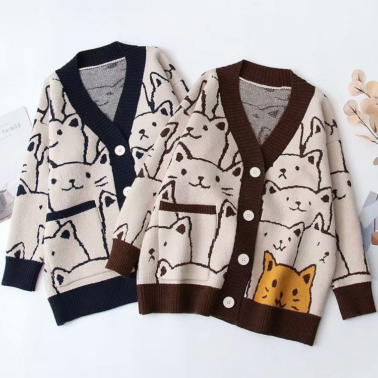 Sweet Outer Wear Knitted Jacquard Full-body Cartoon Cat Single-breasted Cardigan Sweater Limorista