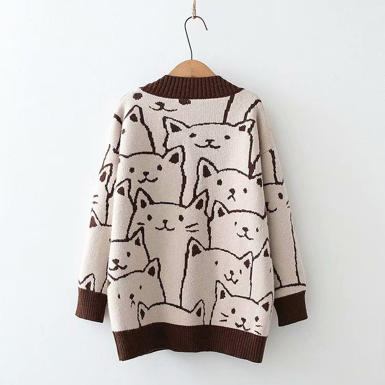 Sweet Outer Wear Knitted Jacquard Full-body Cartoon Cat Single-breasted Cardigan Sweater Limorista