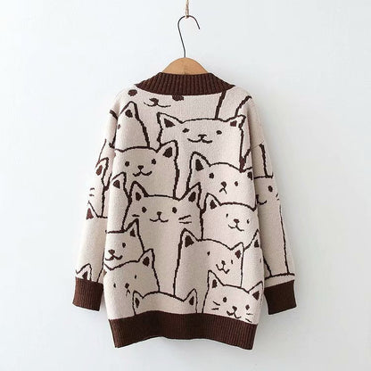 Sweet Outer Wear Knitted Jacquard Full-body Cartoon Cat Single-breasted Cardigan Sweater Limorista