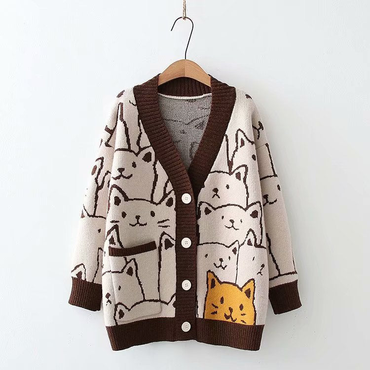 Sweet Outer Wear Knitted Jacquard Full-body Cartoon Cat Single-breasted Cardigan Sweater Limorista