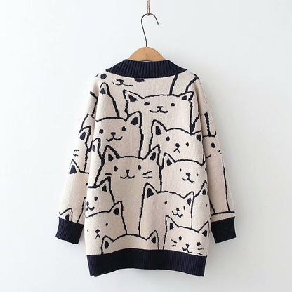Sweet Outer Wear Knitted Jacquard Full-body Cartoon Cat Single-breasted Cardigan Sweater Limorista