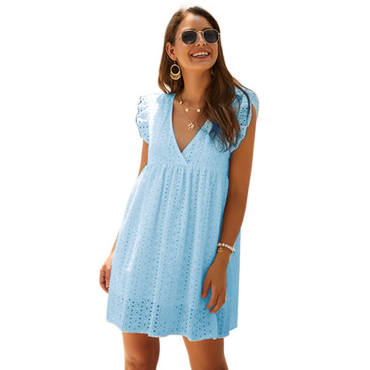 Summer V-neck Cotton Short Skirt Solid Color Dress Limorista