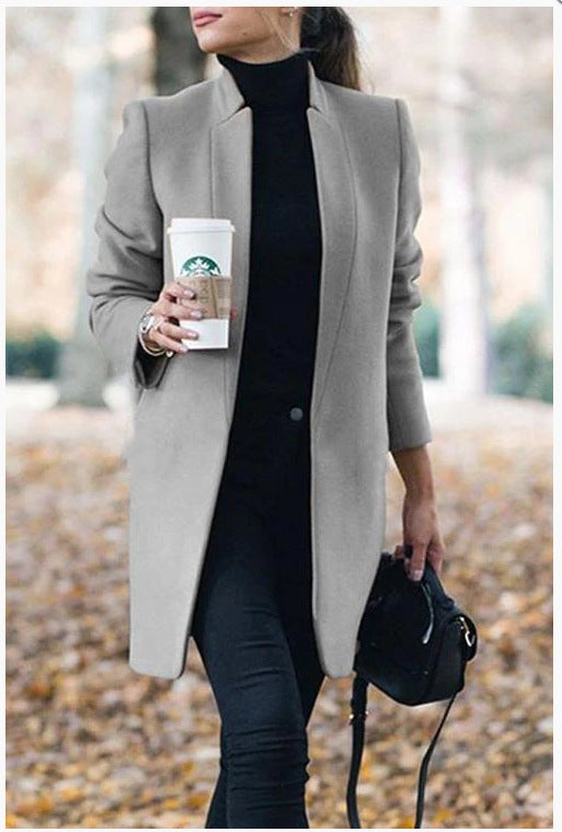Autumn And Winter New Style European And American Fashion Solid Color Stand-Up Collar Woolen Blazer Limorista