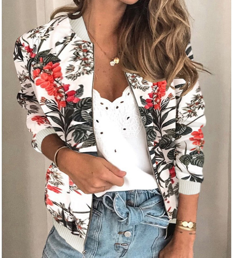 Fashion Printed Round Neck Zipper Long Sleeve Coat Limorista