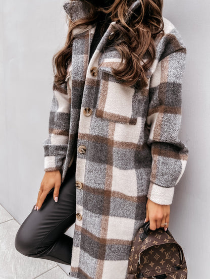 Button Lapel Casual Warm Plaid Long Woolen Coat Limorista