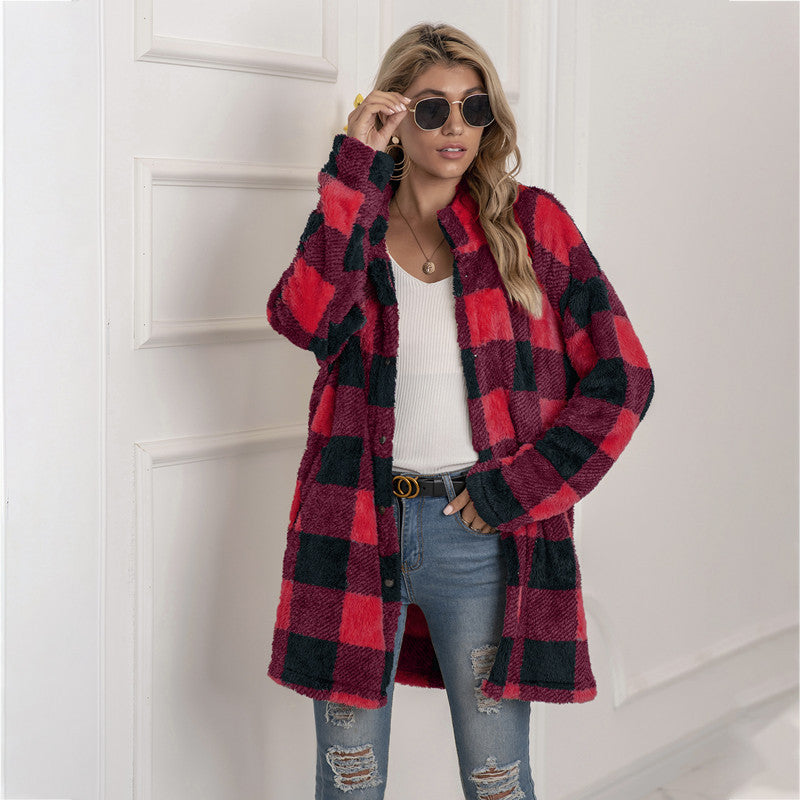 Colorblock Plaid Fleece Jacket Fashion Single Breasted Long Jacket Women&