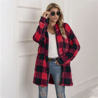 Colorblock Plaid Fleece Jacket Fashion Single Breasted Long Jacket Women&