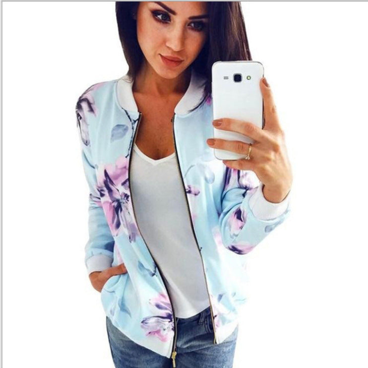 Fashion Printed Round Neck Zipper Long Sleeve Coat Limorista
