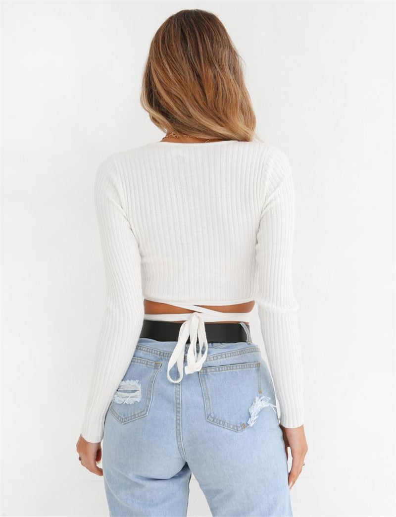 Deep V Tie Long Sleeve Top Limorista