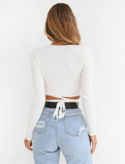 Deep V Tie Long Sleeve Top Limorista