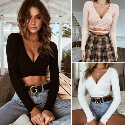 Deep V Tie Long Sleeve Top Limorista