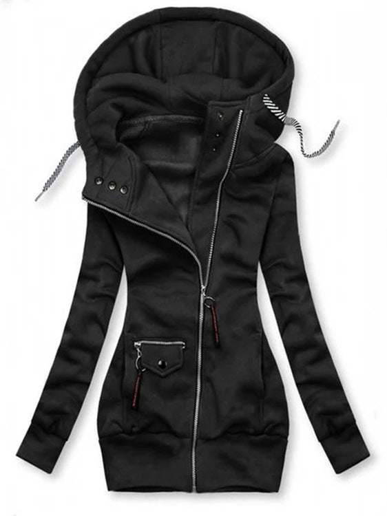 Autumn and winter stitching drawstring hooded slim coat Limorista