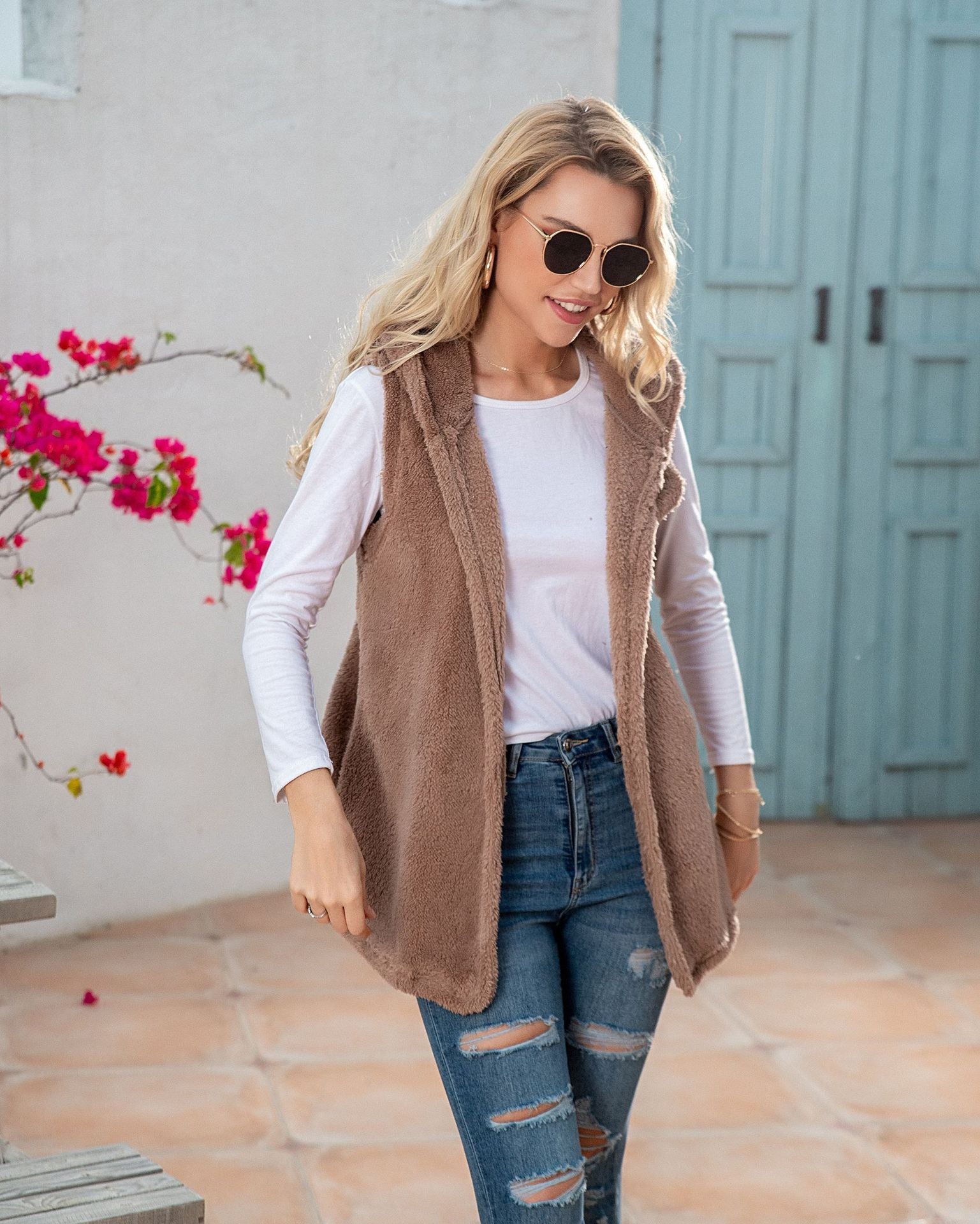Mid-length Solid Color Hooded Vest Plush Skirt For Women Limorista