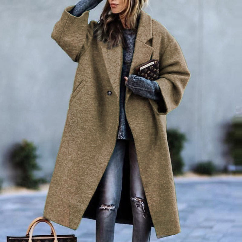 Autumn And Winter Long Woolen Color Temperament Commute No Belt Lapel Loose Woolen Green Coat Limorista