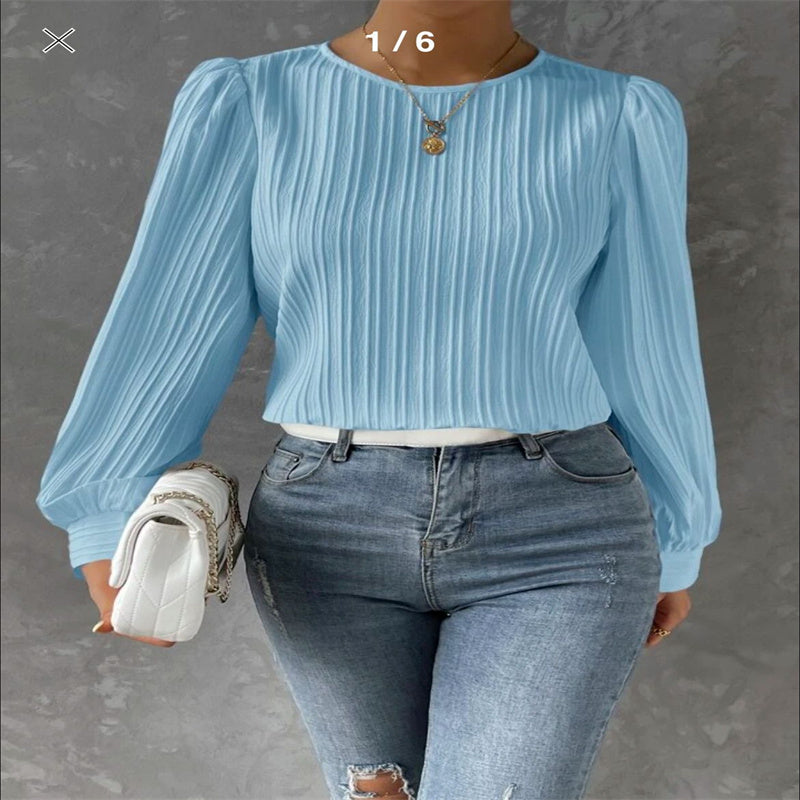 Spring Round Neck Lantern Sleeve Long Sleeve Solid Color Loose Blouse Limorista