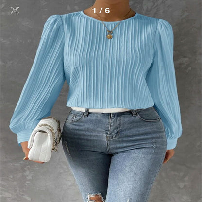 Spring Round Neck Lantern Sleeve Long Sleeve Solid Color Loose Blouse Limorista