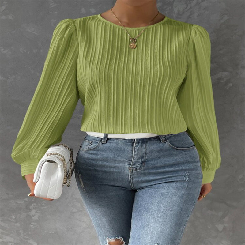 Spring Round Neck Lantern Sleeve Long Sleeve Solid Color Loose Blouse Limorista