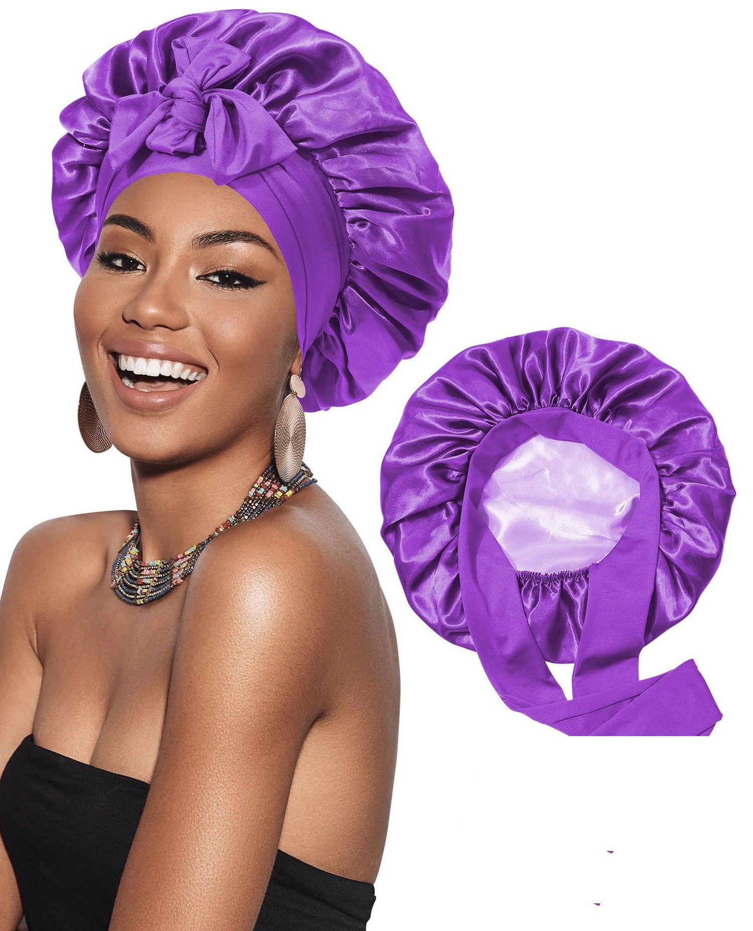 Double-layer Satin Ribbon Round Cap Bow Artificial Silk Beauty Hair Care Wide-brimmed Hat Limorista