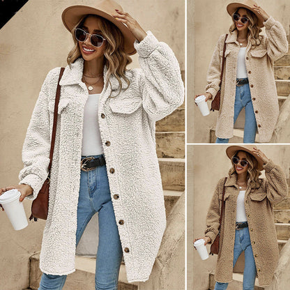 New European And American Winter Open Button Lapel Plush Coat Loose Long-cut Coat Women Limorista