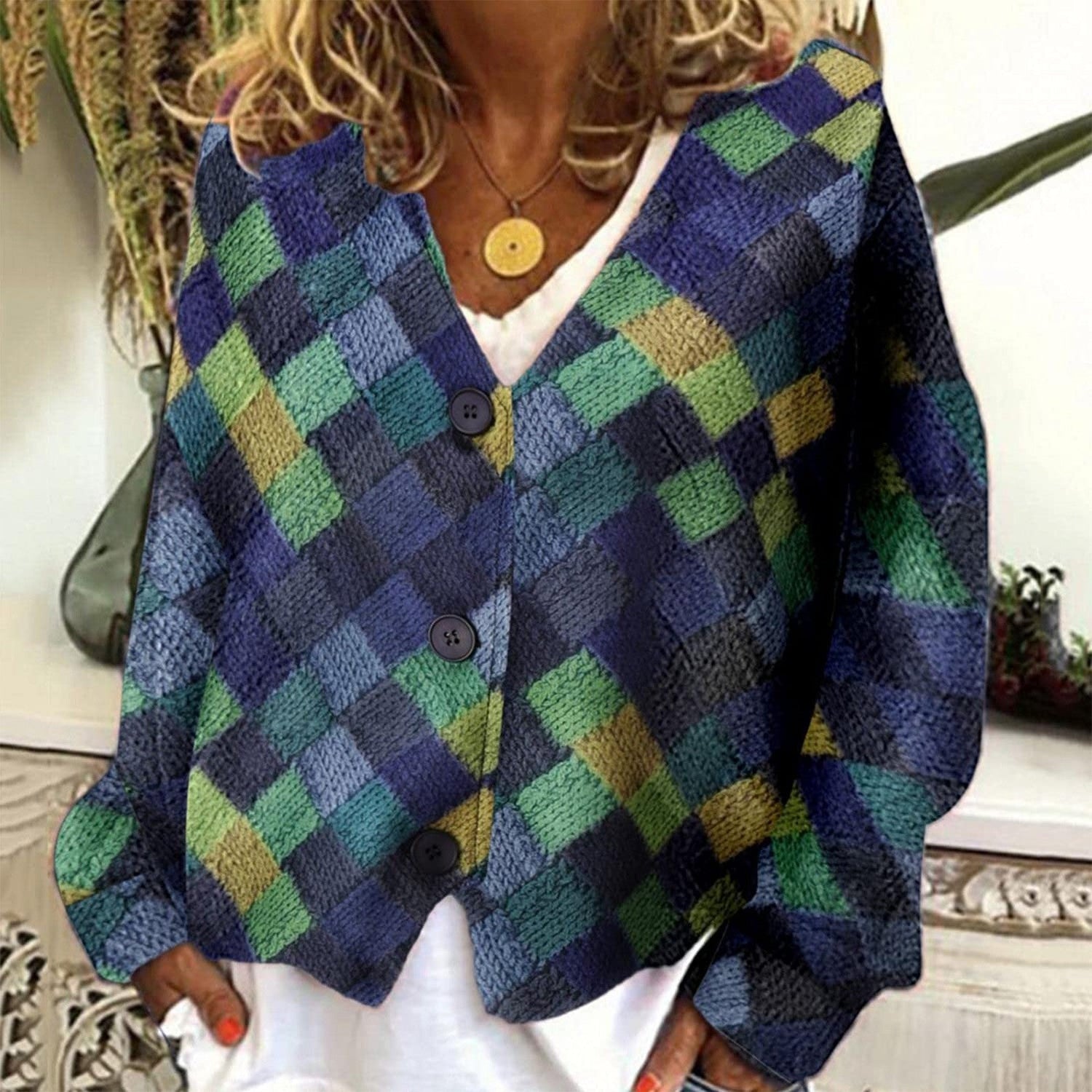 Spring And Autumn Casual V-neck Button Irregular Pattern Print Coat For Women Limorista