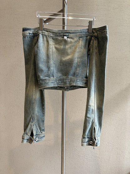 Off-shoulder Denim Long-sleeved Tops Slim-fit Short Version Limorista