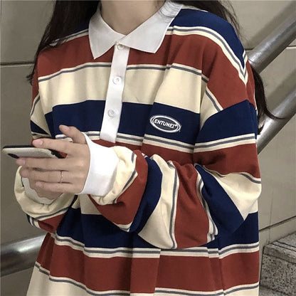 Spring And Autumn Idle Style Striped Loose Collar Sweater Limorista