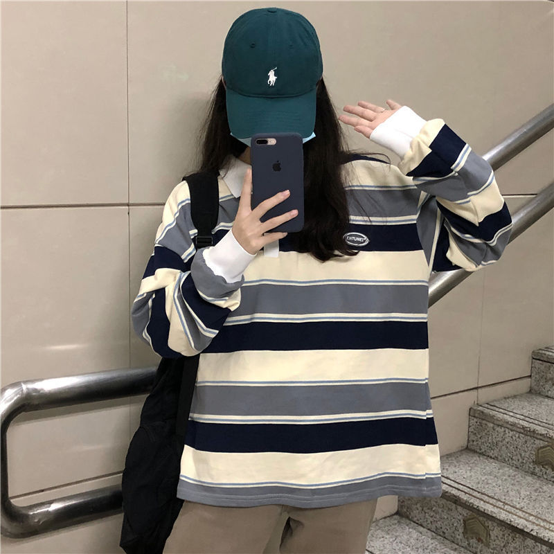 Spring And Autumn Idle Style Striped Loose Collar Sweater Limorista