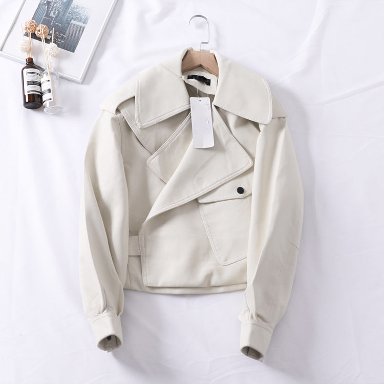 Loose cropped leather jacket motorcycle jacket Limorista