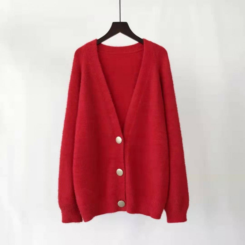 V-Neck Knitted Cardigan Button Mink Like Coat Limorista