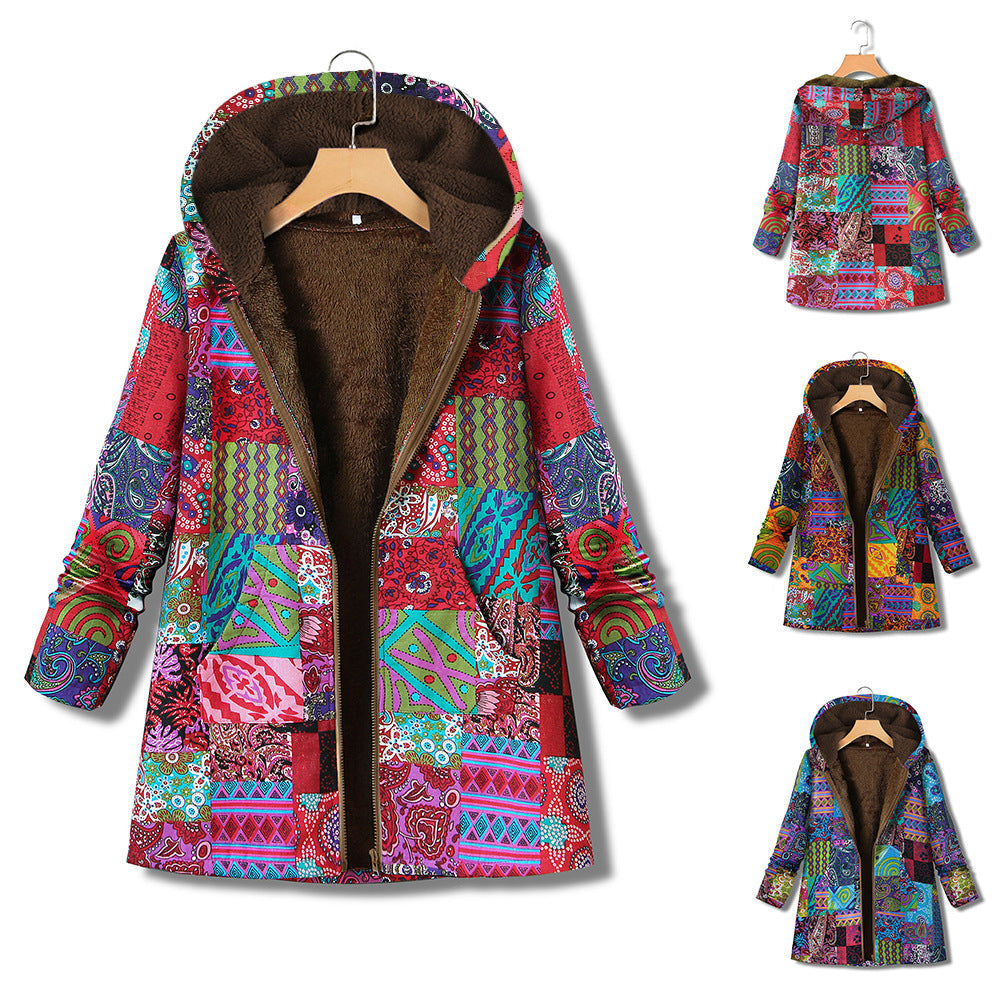 Printed cotton linen Hooded Coat zipper Limorista