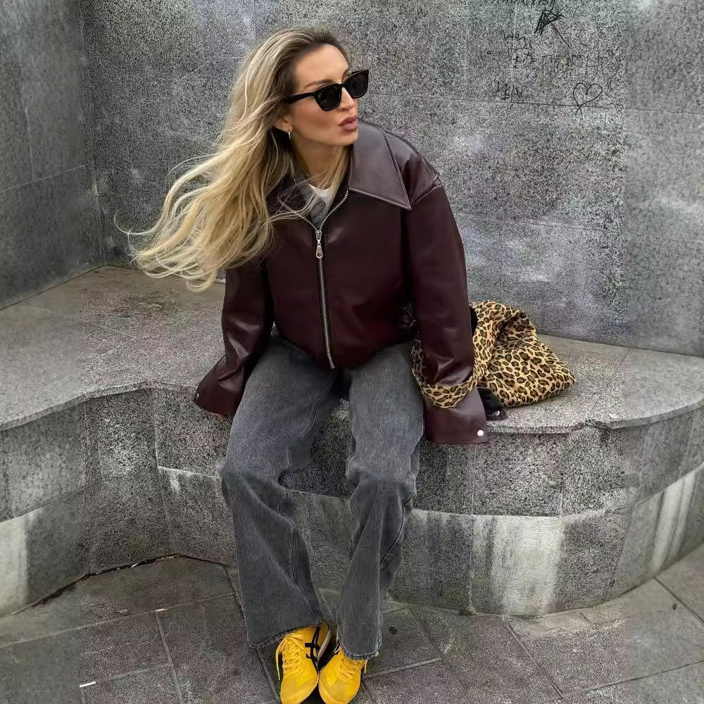 Solid Color Lapel Zipper Jacket Fashion Casual Long Sleeve Leather Coat Tops Women Clothing Limorista