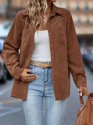 Stud Detail Pocket Patch Button Down Shirt Jacket Limorista