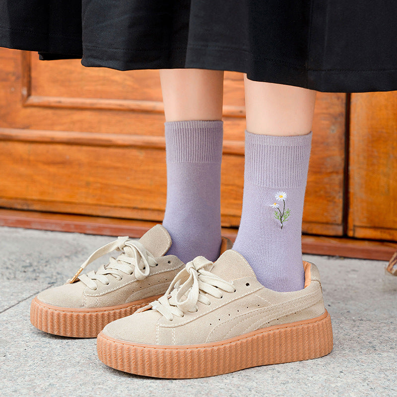 Japanese Candy Color Small Flower Embroidery Pile Socks Limorista