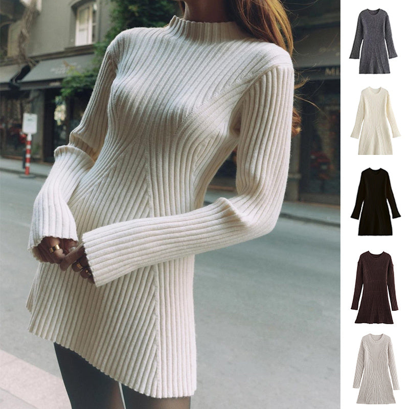 Fashion Solid Ribbed Knitted Dress Fall And Winter Slim-fit Stand-up Collar A-line Dresses Women&