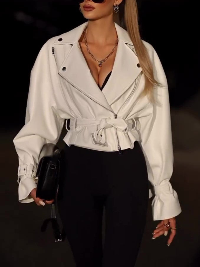 Solid Color Leather Cropped Jacket Limorista