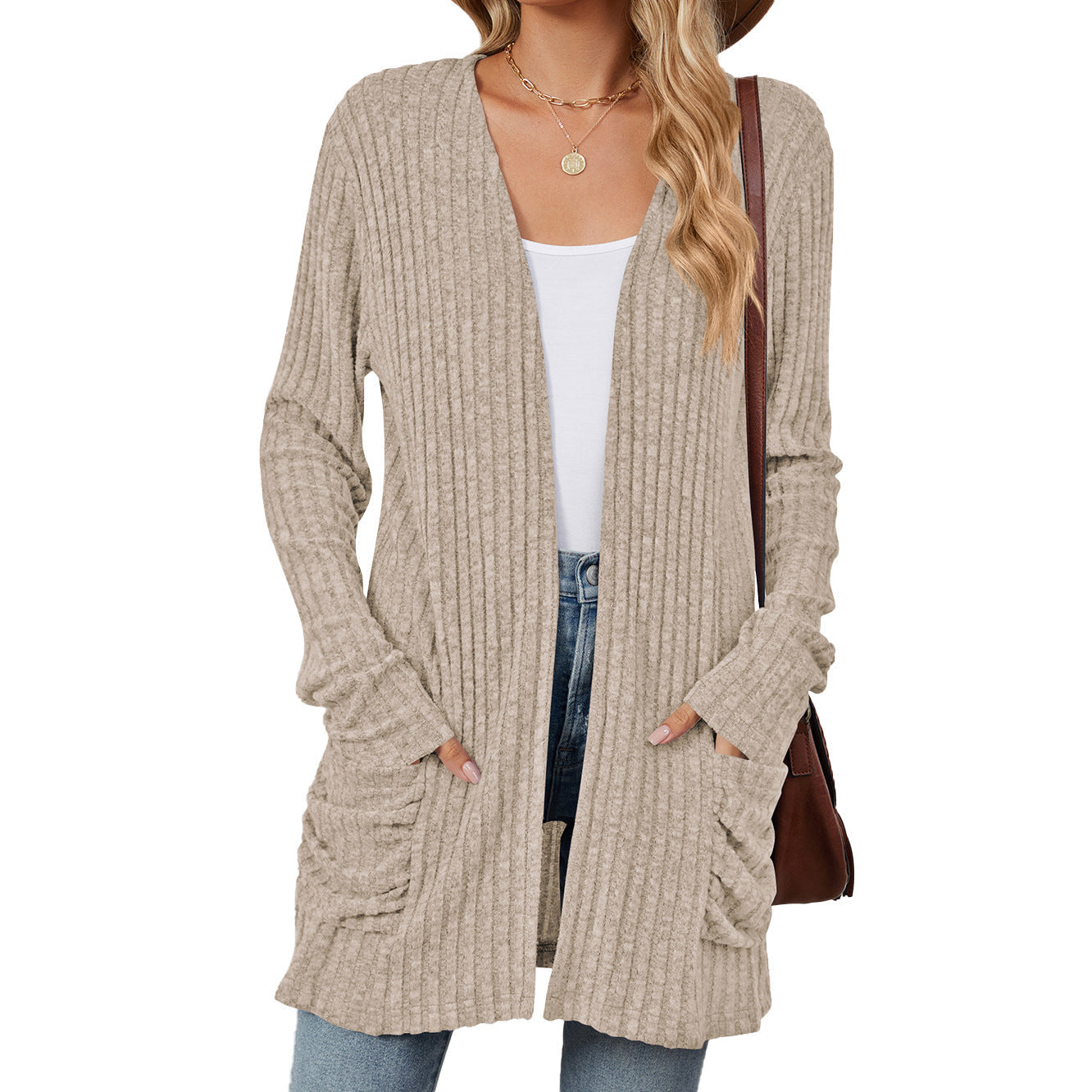 Solid Color Pocket Long Sleeve Bottoming Cardigan Knitwear Limorista