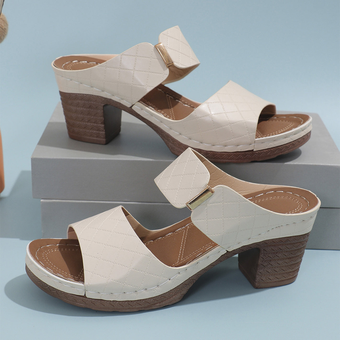 Chunky Heel Sandals Summer Round Toe Plaid Slides Slippers Fashion Outdoor High Heels Shoes For Women Limorista