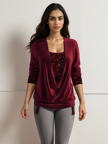 Sequin Contrast Solid Color Long Sleeve Women&