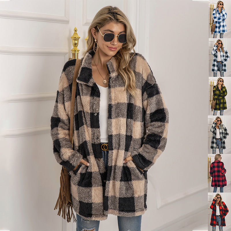 Colorblock Plaid Fleece Jacket Fashion Single Breasted Long Jacket Women&
