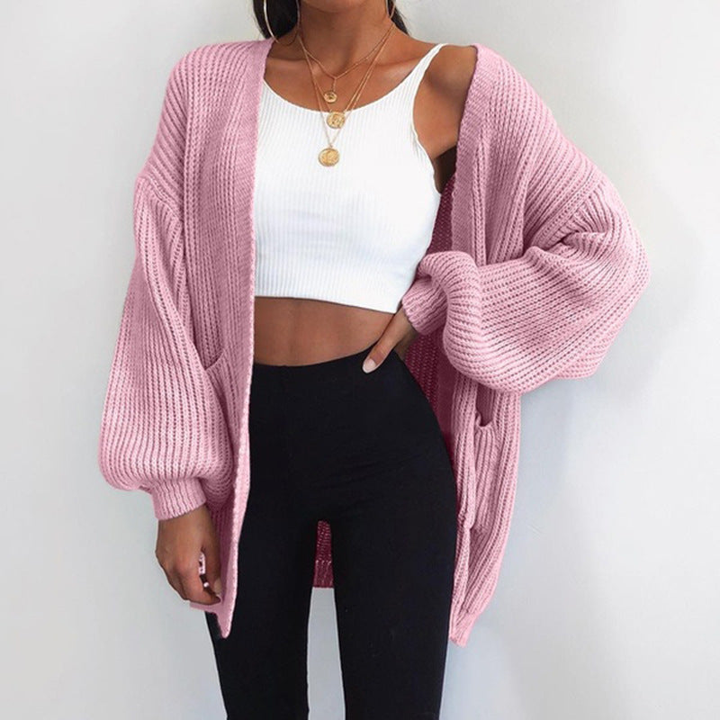 Solid color loose European and American sweater mid-length cardigan Limorista