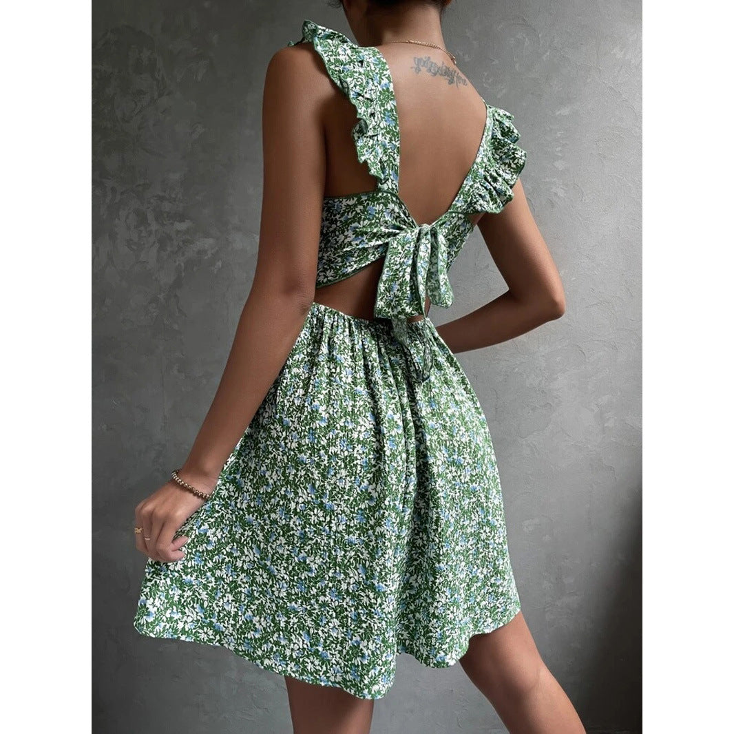 Summer Square-neck Ruffled Sleeveless Dress With Bow-tie Backless Design Fashion Casual Holiday Beach Dresses For Womens Clothing Limorista
