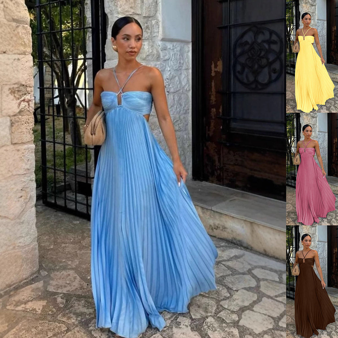 Ins Pleated Sleeveless Sling Dress Hollow High Waist Halter Robe Dresses For Evening Party Club Clothing Women Limorista