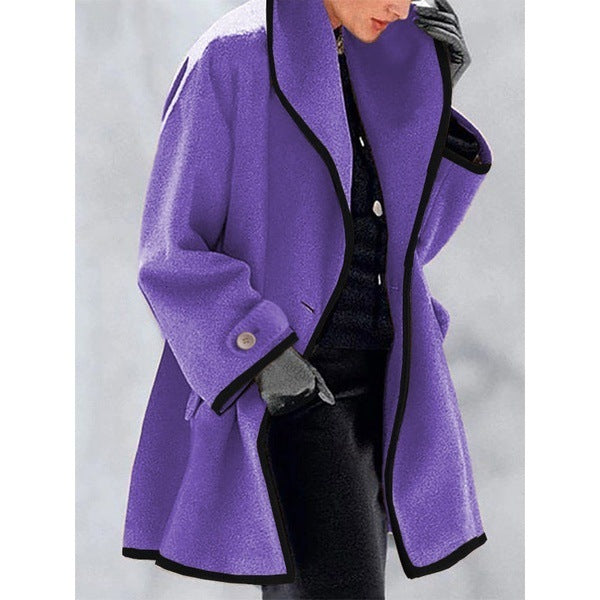 Multicolor Round Neck Loose Hooded Woolen Coat Limorista