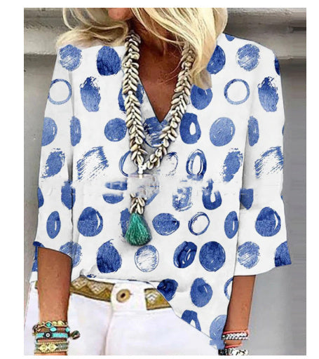 V-Neck Dot Print Loose Casual Shirt Top Limorista