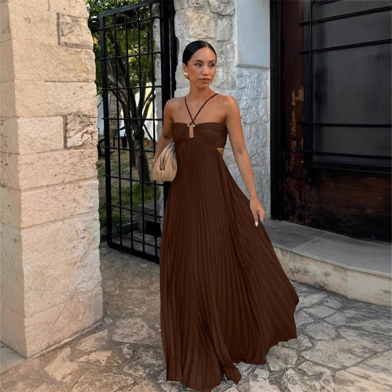 Ins Pleated Sleeveless Sling Dress Hollow High Waist Halter Robe Dresses For Evening Party Club Clothing Women Limorista